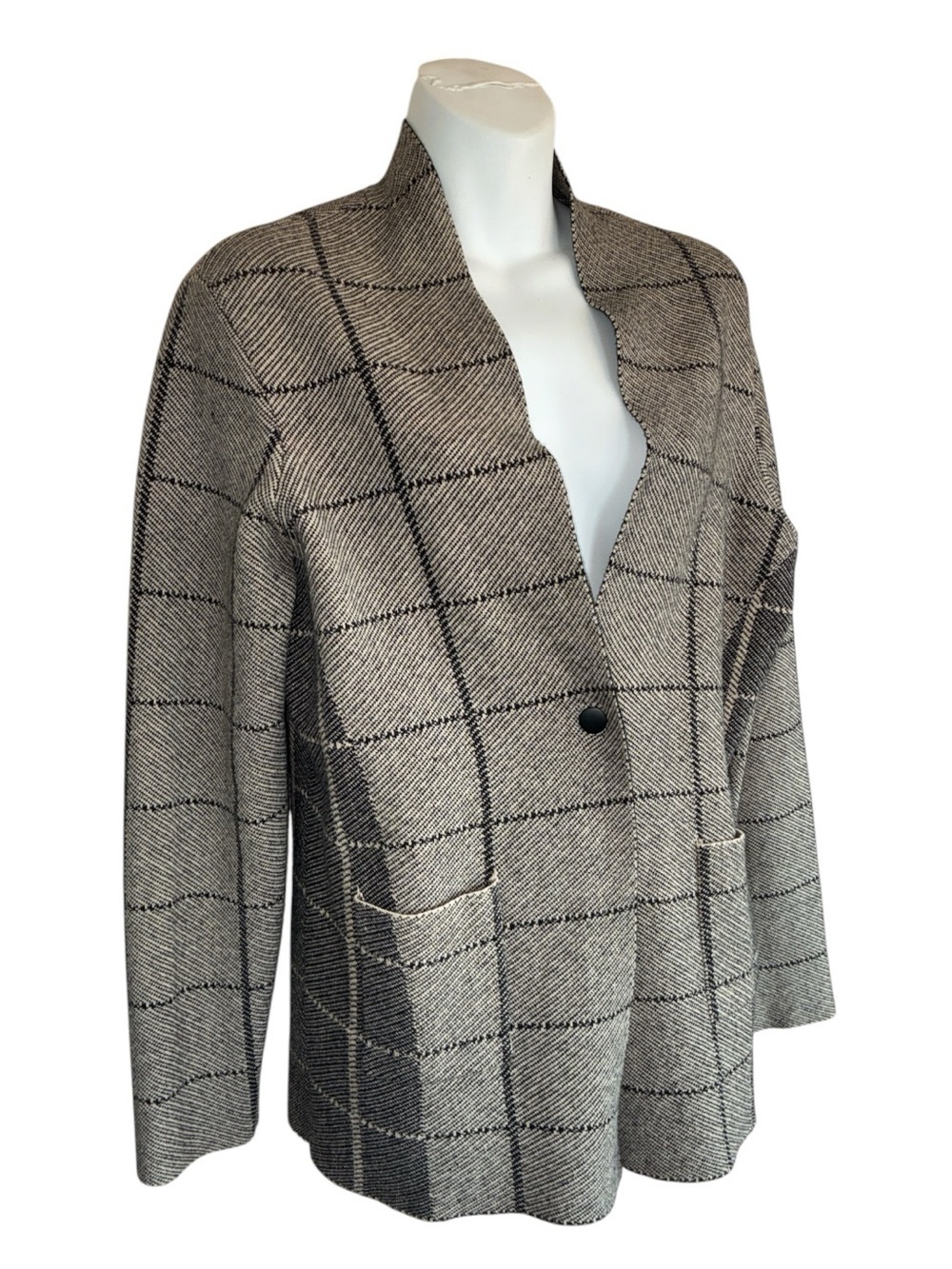 Nic & Zoe Cardigan sweater Women's L, Gray beige Windowpane Plaid, contrast EUC